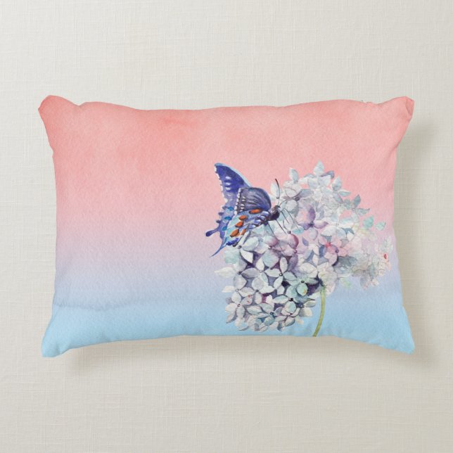 Butterfly & Hydrangea Flower Watercolor Accent Pillow (Front)