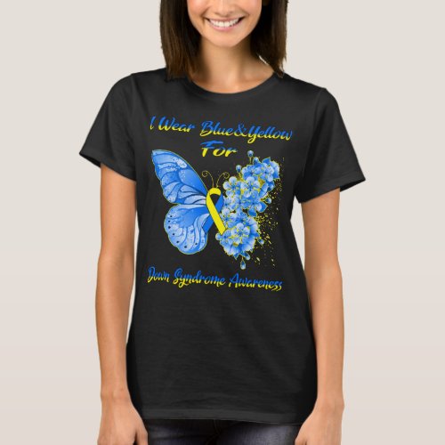 Butterfly I Wear Blue And Yellow For Down Syndrome T_Shirt
