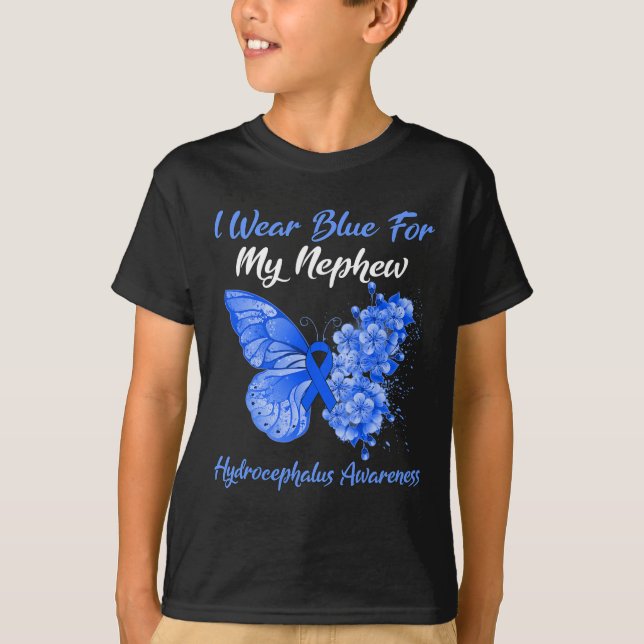Butterfly I Wear Blue For My Nephew Hydrocephalus  T-Shirt (Front)