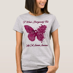Butterfly I Wear Burgundy For Sickle Cell Anemia  T-Shirt
