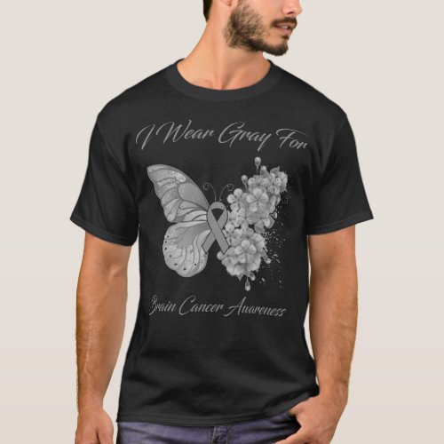 Butterfly I Wear Gray For Brain Cancer Awareness T_Shirt