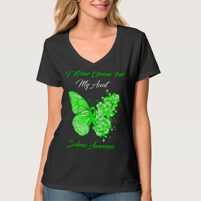Butterfly I Wear Green For My Aunt Scoliosis Aware T-Shirt (Front)