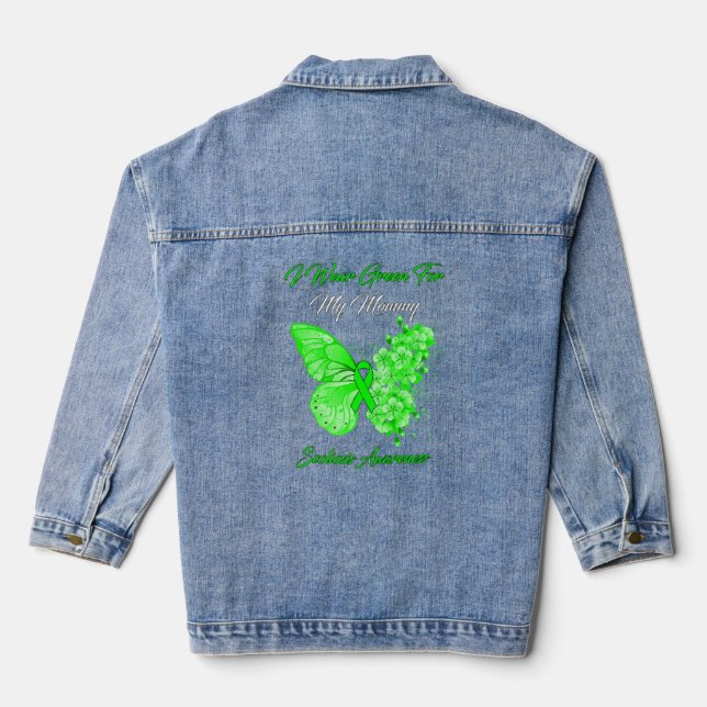 Butterfly I Wear Green For My Mommy Scoliosis Awar Denim Jacket (Back)