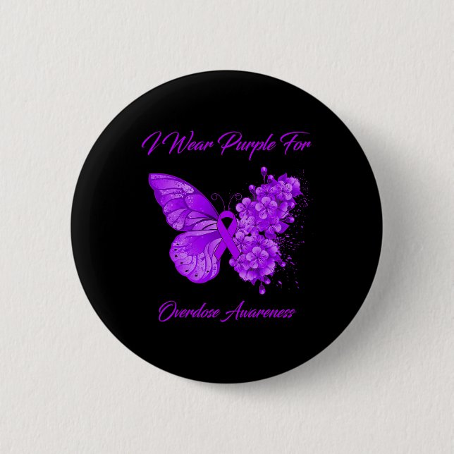 Butterfly I Wear Purple For Overdose Awareness  Button (Front)