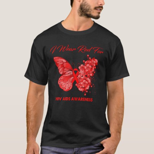 Butterfly I Wear Red For HIV AIDS Awareness T_Shirt
