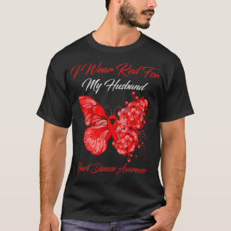 Butterfly I Wear Red For My Husband Heart Disease T-Shirt