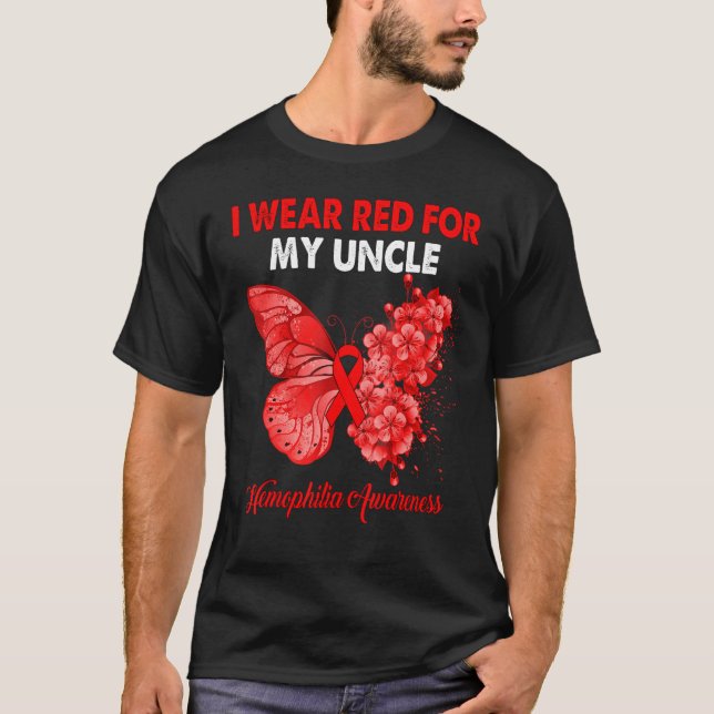 Butterfly I Wear Red For My Uncle Hemophilia Aware T-Shirt (Front)