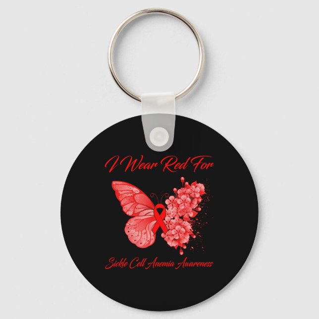Butterfly I Wear Red For Sickle Cell Anemia Awaren Keychain (Front)