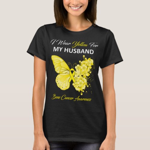 Butterfly I Wear Yellow For My Husband Bone Cancer T_Shirt