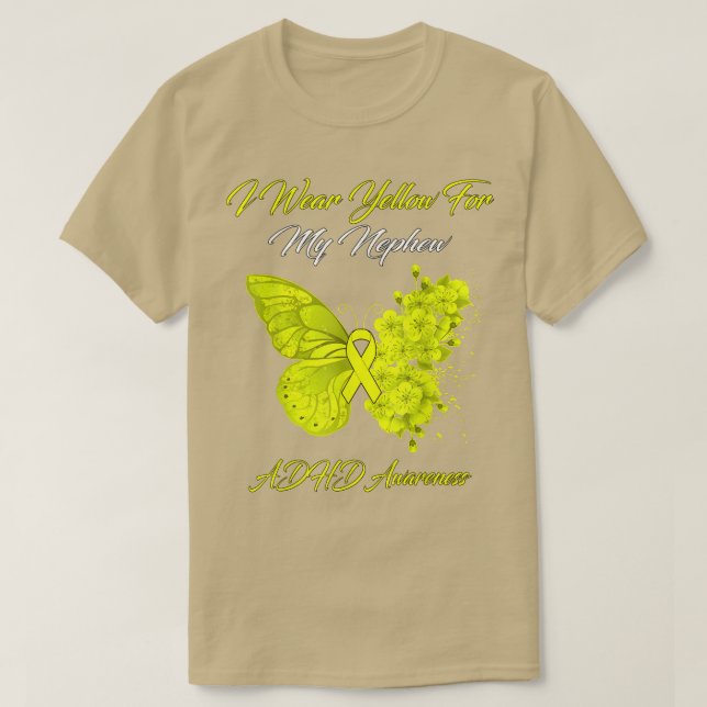Butterfly I Wear Yellow For My Nephew ADHD Awarene T-Shirt (Design Front)