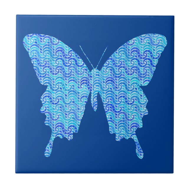 Butterfly image, abstract pattern, shades of blue ceramic tile (Front)