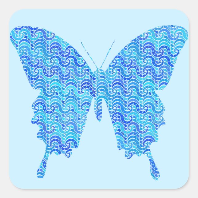 Butterfly image, abstract pattern, shades of blue square sticker (Front)