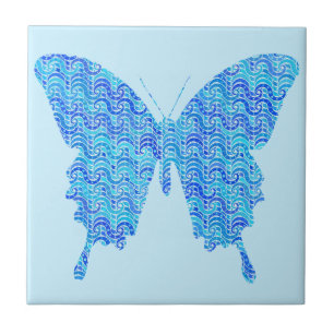 Butterfly image, abstract pattern, shades of blue tile