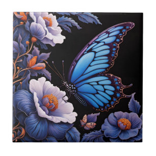 Butterfly in a floral garden at night ceramic tile