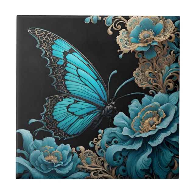 Butterfly in a floral garden at night ceramic tile (Front)