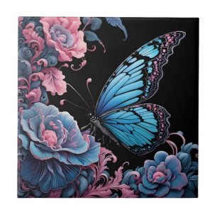 butterfly in a floral garden at night ceramic tile