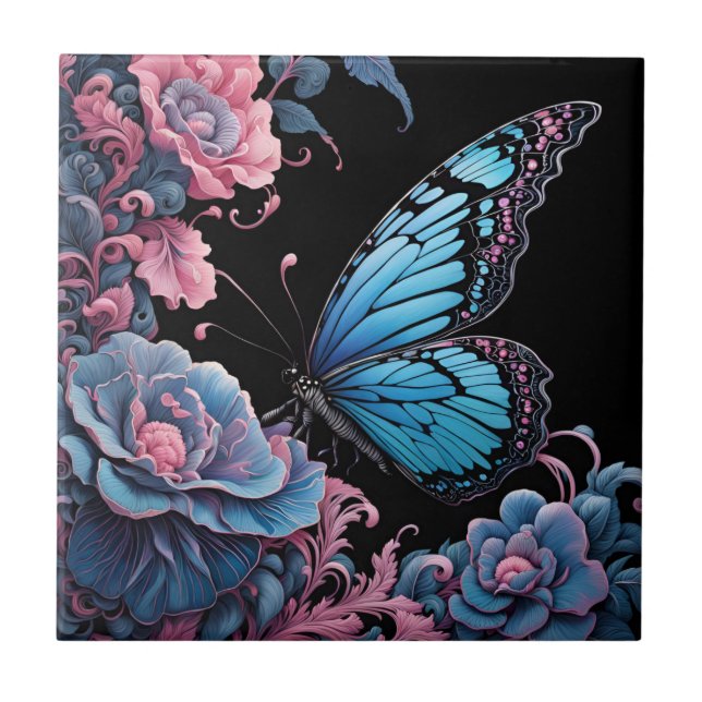 butterfly in a floral garden at night ceramic tile (Front)