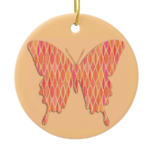 Butterfly in abstract print - shades of orange ceramic ornament