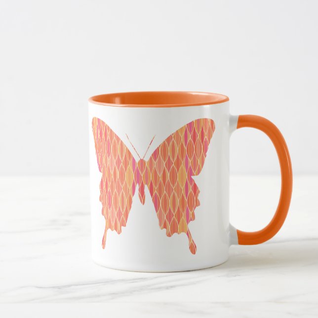 Butterfly in abstract print - shades of orange mug (Right)