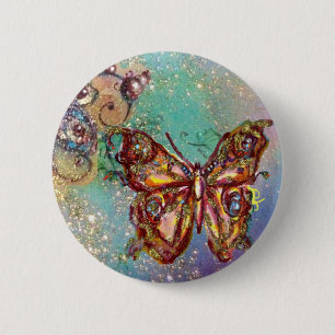 BUTTERFLY IN BLUE GOLD SPARKLES PINBACK BUTTON