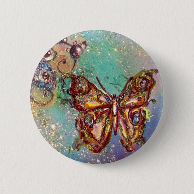 BUTTERFLY IN BLUE GOLD SPARKLES PINBACK BUTTON (Front)
