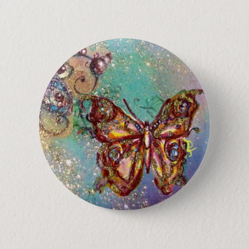 BUTTERFLY IN BLUE GOLD SPARKLES PINBACK BUTTON