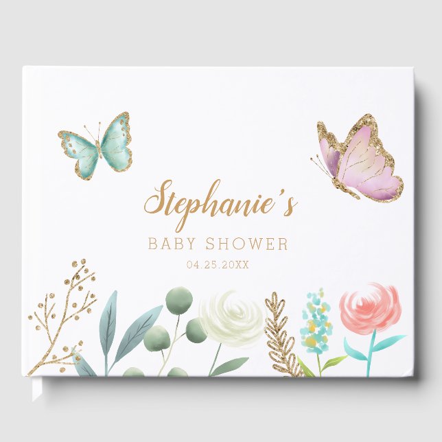Butterfly in Floral Garden Baby Shower Guest Book (Front)