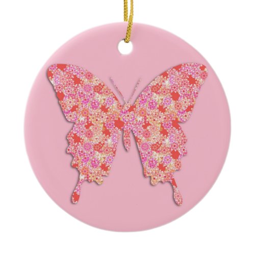 Butterfly in flower pattern - pink, orange ceramic ornament