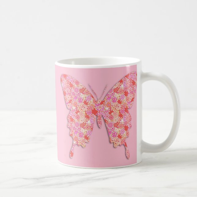 Butterfly in flower pattern - pink, orange coffee mug (Right)
