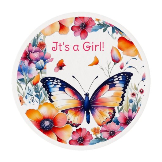 Butterfly in Flowers Girl's Baby Shower Edible Frosting Rounds (Front)