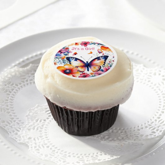 Butterfly in Flowers Girl's Baby Shower Edible Frosting Rounds (Cupcake)