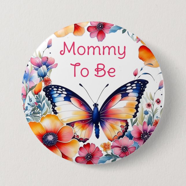 Butterfly in Flowers Girl's Baby Shower Mom To Be Button (Front)