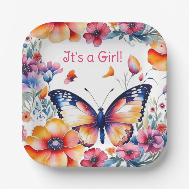 Butterfly in Flowers Girl's Baby Shower Paper Plates (Front)