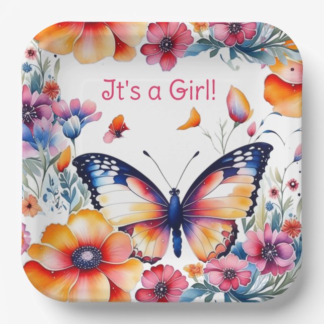 Butterfly in Flowers Girl's Baby Shower Paper Plates (Front)