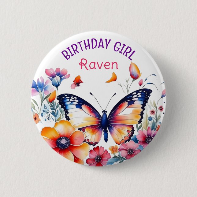 Butterfly in Flowers Girl's Birthday Girl  Button (Front)