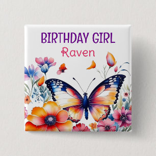 Butterfly in Flowers Girl's Birthday Girl Button