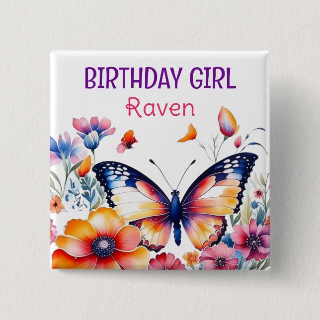 Butterfly in Flowers Girl's Birthday Girl  Button (Front)