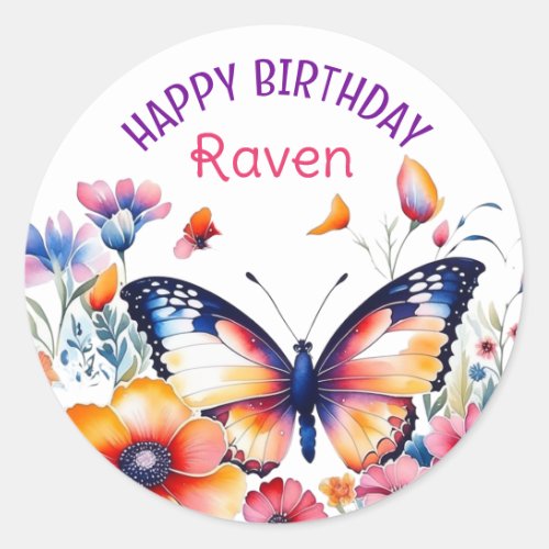 Butterfly in Flowers Girls Birthday Party  Classic Round Sticker