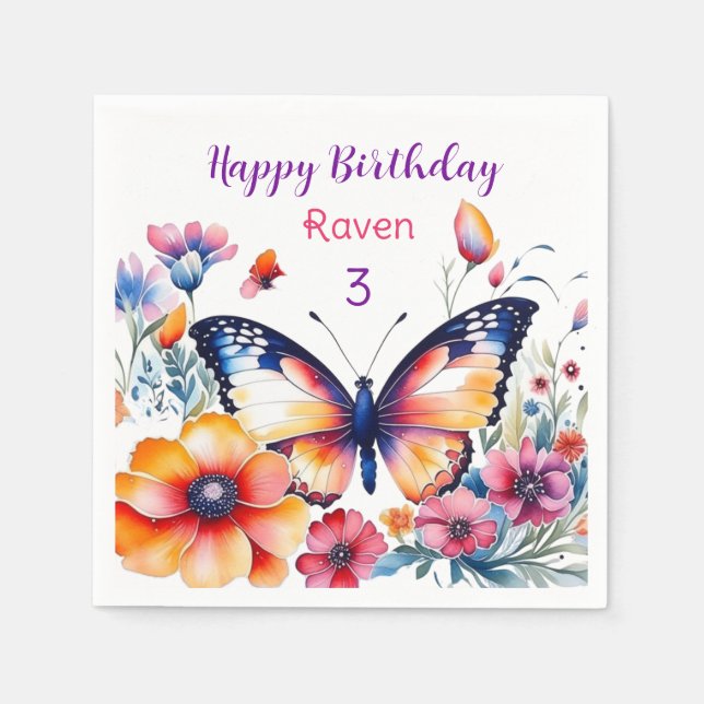 Butterfly in Flowers Girl's Birthday Party  Napkins (Front)