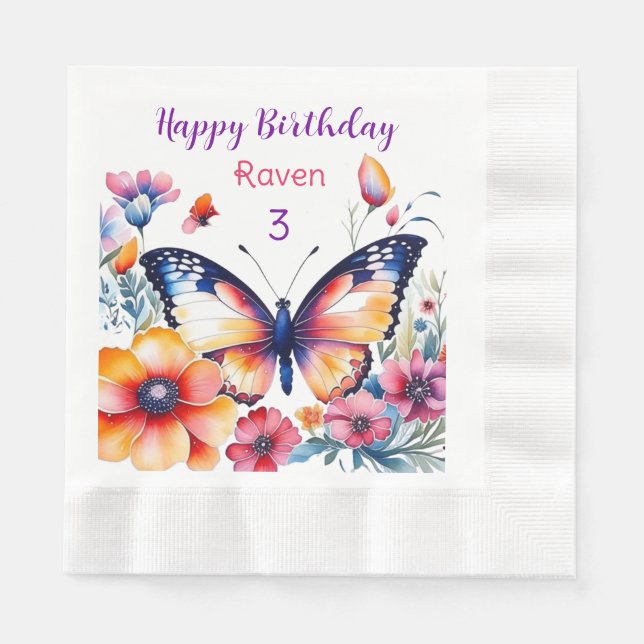 Butterfly in Flowers Girl's Birthday Party  Napkins (Front)