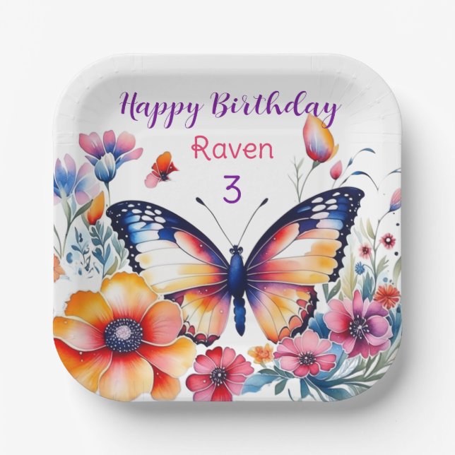 Butterfly in Flowers Girl's Birthday Party  Paper Plates (Front)