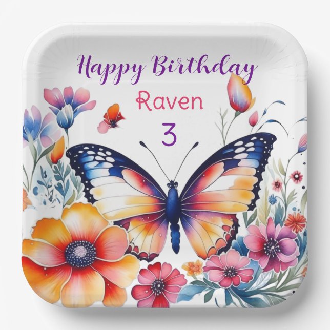 Butterfly in Flowers Girl's Birthday Party  Paper Plates (Front)