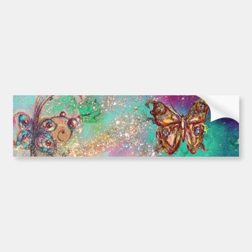 BUTTERFLY IN GOLD BLUE SPARKLES BUMPER STICKER