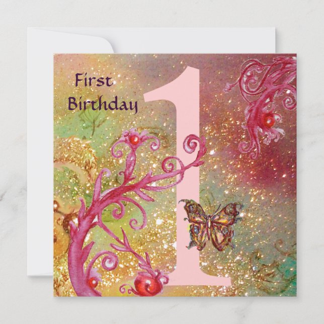 BUTTERFLY IN GOLD SPARKLES 2  First Birthday Party Invitation (Front)