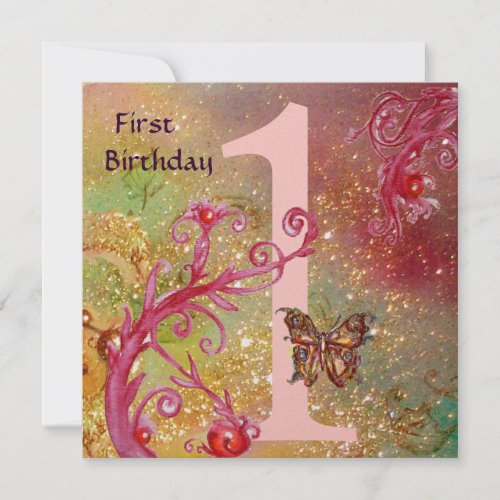 BUTTERFLY IN GOLD SPARKLES 2  First Birthday Party Invitation