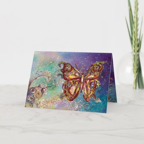 BUTTERFLY IN  GOLD SPARKLES Blue Green Teal Card