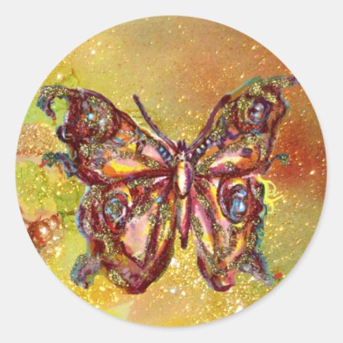 BUTTERFLY IN GOLD SPARKLES CLASSIC ROUND STICKER