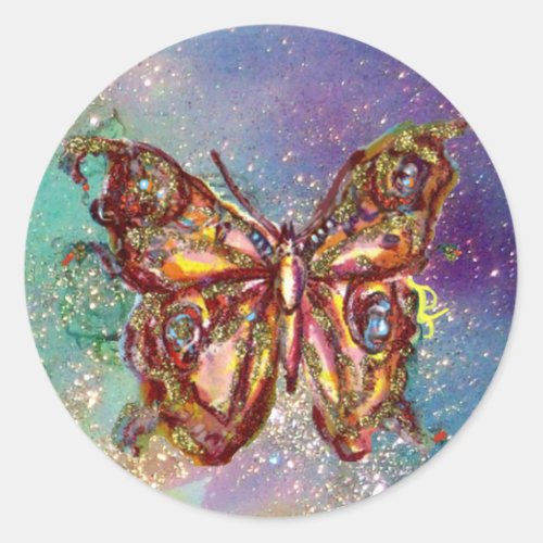 BUTTERFLY IN GOLD SPARKLES CLASSIC ROUND STICKER