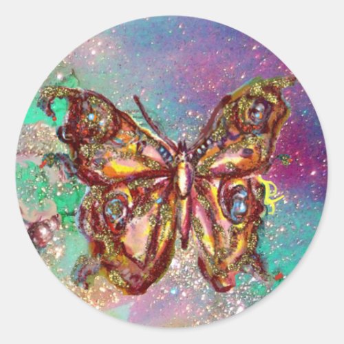 BUTTERFLY IN GOLD SPARKLES CLASSIC ROUND STICKER