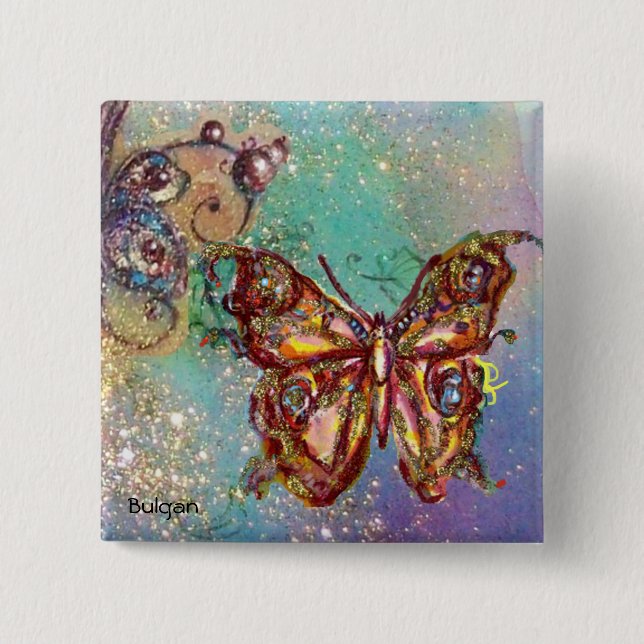 BUTTERFLY IN GOLD SPARKLES PINBACK BUTTON (Front)